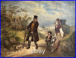 1830's, A scene Meeting Landscape Trees Sky, Antique Oil Canvas Painting