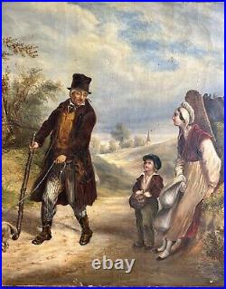 1830's, A scene Meeting Landscape Trees Sky, Antique Oil Canvas Painting