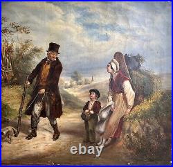 1830's, A scene Meeting Landscape Trees Sky, Antique Oil Canvas Painting