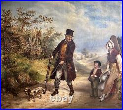 1830's, A scene Meeting Landscape Trees Sky, Antique Oil Canvas Painting