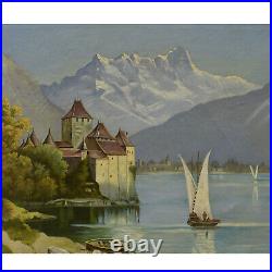 1895 Peinture ancienne à l'huile Paysage de montagne avec un château 61x52 cm