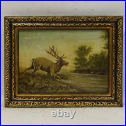 1898 Peinture ancienne à l'huile sur toile paysage avec cerf 48x37cm