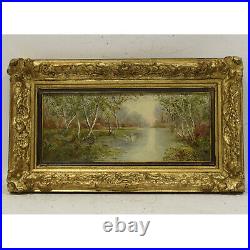 1904 Peinture ancienne à l'huile sur toile cygnes sur un lac 46x27 cm