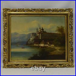 19ème siècle Peinture ancienne à l'huile Paysage avec un monastère 86x73 cm