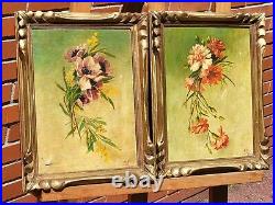 2 Tableaux anciens signées 1935. Bouquet de Fleurs. Peinture huile sur toile