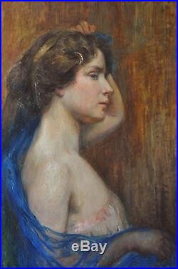 ANTIQUE PEINTURE Art Deco 1900 Signée L. VITTON PORTRAIT FEMME épaule NU MUCHA
