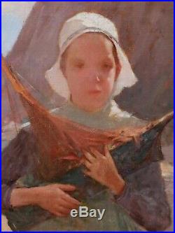 Albert CRESSWELL tableau portrait petite fille Bretonne Bretagne marine bateau