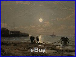 Alfred GODCHAUX tableau huile marine scène nocturne pêche port bateau émile 19è