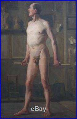 Ancien Grand Tableau Huile Sur Toile Portrait Homme Nu Academique 1882 Oil