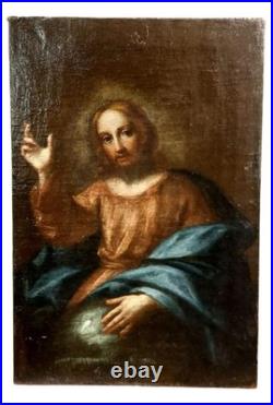 Ancien Huile Sur Toile Christ Bénissant École Italienne