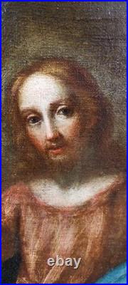 Ancien Huile Sur Toile Christ Bénissant École Italienne