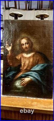 Ancien Huile Sur Toile Christ Bénissant École Italienne