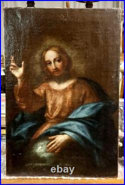 Ancien Huile Sur Toile Christ Bénissant École Italienne