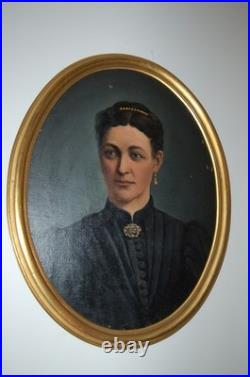Ancien Portrait De Femme Huile Sur Toile Cadre Doré Époque XIX Ème S début XXème