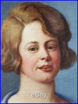 Ancien Tableau Femme à la Robe Bleue Peinture Huile Antique Oil Painting