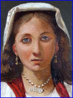 Ancien Tableau Fille au Collier de Perles Peinture Huile Antique Oil Painting