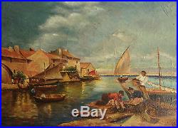 Ancien Tableau / Huile sur toile signée H. HULUG paysage Basque Marine Pêche