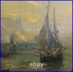 Ancien Tableau / Huile sur toile signée. Marine, bateaux à voiles, paysage