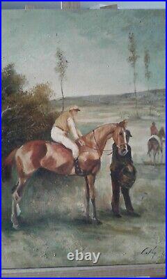 Ancien Tableau Huile/toile cheval et son jockey École Anglaise. Signé COLLIN