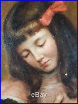 Ancien Tableau Jeune Fille à la Poupée Peinture Huile Antique Oil Painting