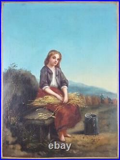 Ancien Tableau La Moissonneuse Peinture Huile Toile Antique Painting Harvester