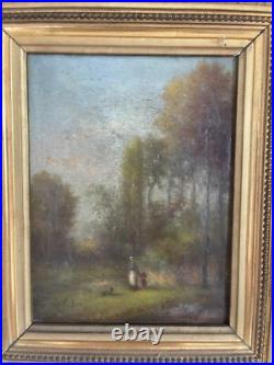 Ancien Tableau Peinture Huile Toile XIXème 19ème Champ Paysan Berger Automne