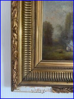 Ancien Tableau Peinture Huile Toile XIXème 19ème Champ Paysan Berger Automne