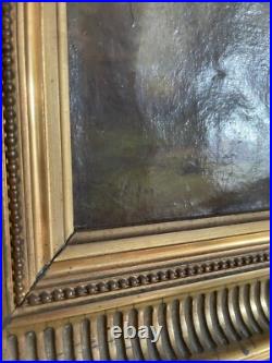 Ancien Tableau Peinture Huile Toile XIXème 19ème Champ Paysan Berger Automne