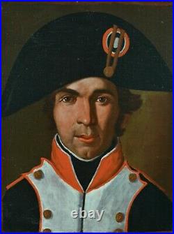 Ancien Tableau Portrait d'homme soldat bicorne Napoléon Ier Austerlitz Empire