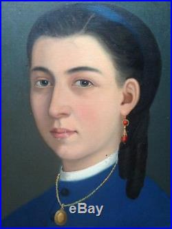 Ancien Tableau RASTOUX JULES XIXe Portrait de Jeune Femme Rose blanche 19ème