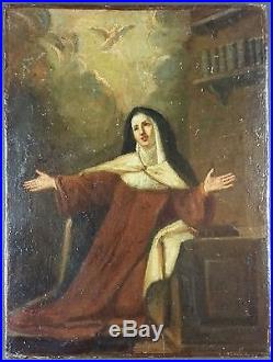 Ancien Tableau Sainte Thérèse d'Avila Peinture Huile Antique Oil Painting