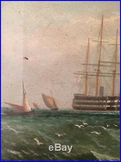 Ancien Tableau XIXe Marine Flotte Bateau Vaisseaux Anglais Huile sur toile Signé