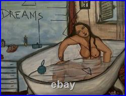 Ancien Tableau huile nu jeune fille prenant son bain figuratif tableau ancien