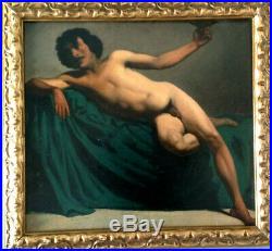 Ancien beau nu académique masculin académie d'homme XIX huile sur toile tableau