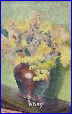 Ancien grand tableau huile sur toile bouquet de Fleurs
