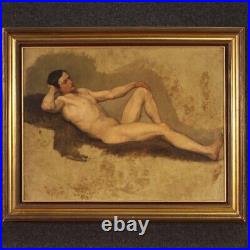Ancien nu masculin portrait homme tableau huile sur papier peinture 800 cadre