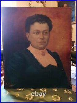 Ancien portrait de femme fin XIX ème s, huile sur toile signée
