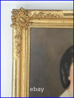 Ancien portrait de jeune fille, huile sur toile XIX ème s, superbe cadre doré
