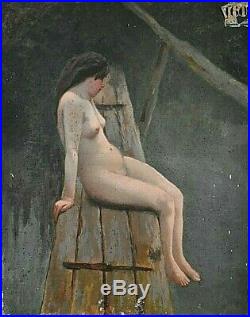 Ancien tableau HST Nu féminin au bord de l'eau d'après Raoul Henri Bessede XIXe