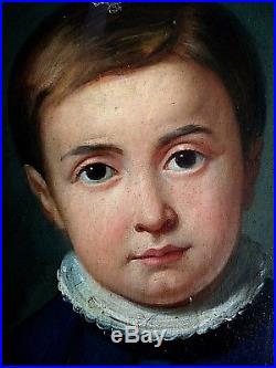 Ancien tableau HST tondo portrait enfant à la colerette époque empire déb XIXe