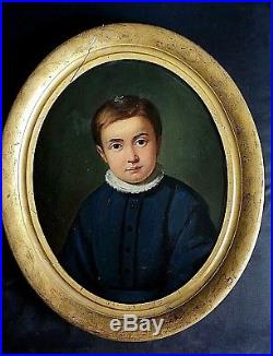 Ancien tableau HST tondo portrait enfant à la colerette époque empire déb XIXe