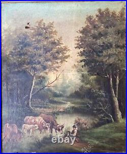 Ancien tableau Huile sur Toile signée M. L. B. 1904 Barbizon dimensions 54 x 65 cm