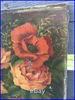 Ancien tableau Huile sur toile Bouquet Fleurs Signé À Restaurer