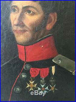 Ancien tableau XIXe Grand Portrait Militaire Officier Légion Honneur Huile toile