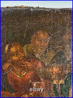 Ancien tableau du 17ème huile sur toile scène de vie dans une cuisine, fumeur