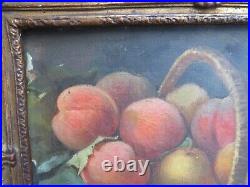 Ancien tableau encadré XIXe huile sur toile nature morte aux fruits entablement
