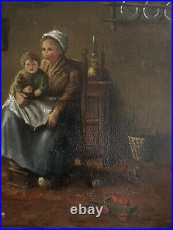Ancien tableau fin XVIII / XIX huile scène de genre intérieur de maison enfants