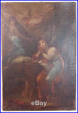 Ancien tableau huile peinture religieuse XIXème croix anges station crucifix