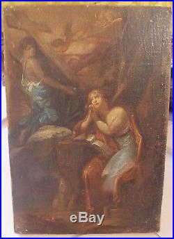 Ancien tableau huile peinture religieuse XIXème croix anges station crucifix