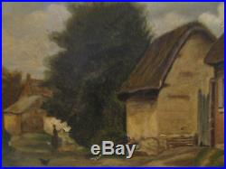Ancien tableau huile sur toile 19 eme scene villageoise animée barbizon paysage